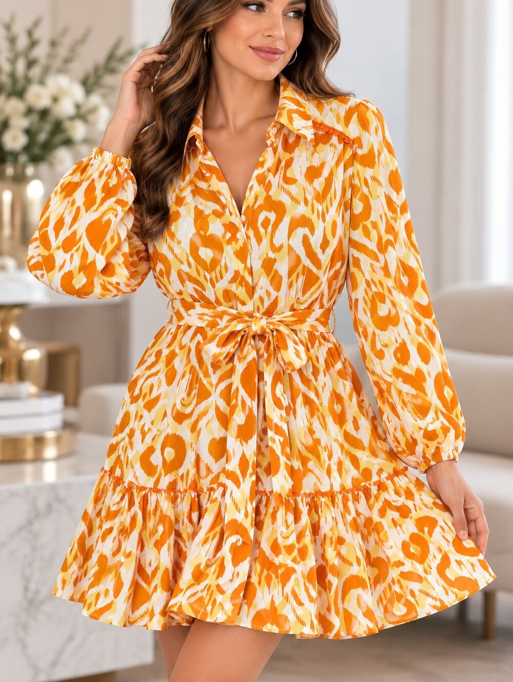 Umgee Orange & White Printed Tie-Waist Mini Dress